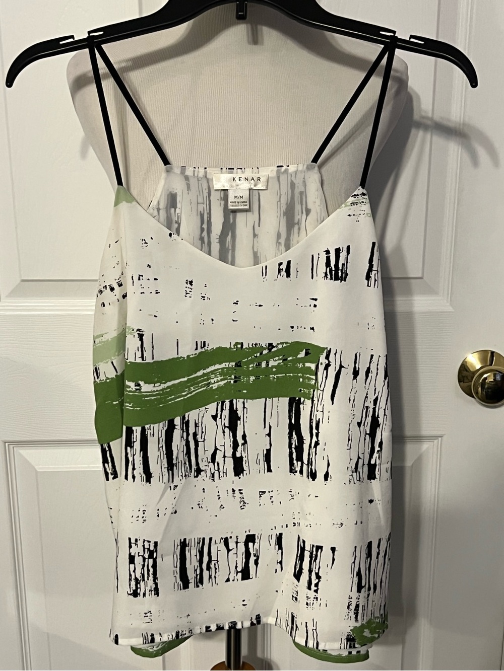 Kenar White Camisole with Black Abstract Stripes and Green Brushstroke